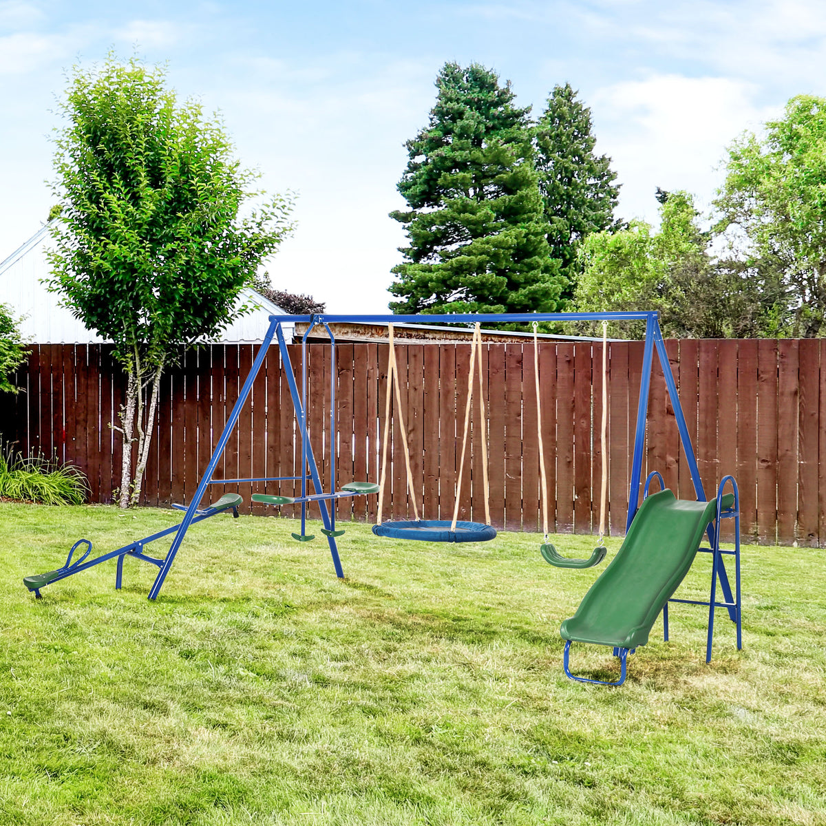 5 in1 Kids Swing Set with Saucer Swing, Slide, Seesaw, Glider, Swing Seat for Backyard, Playground-Toys & Games > Kids Outdoor Play > Gym Sets & Swings-DECOROLALA