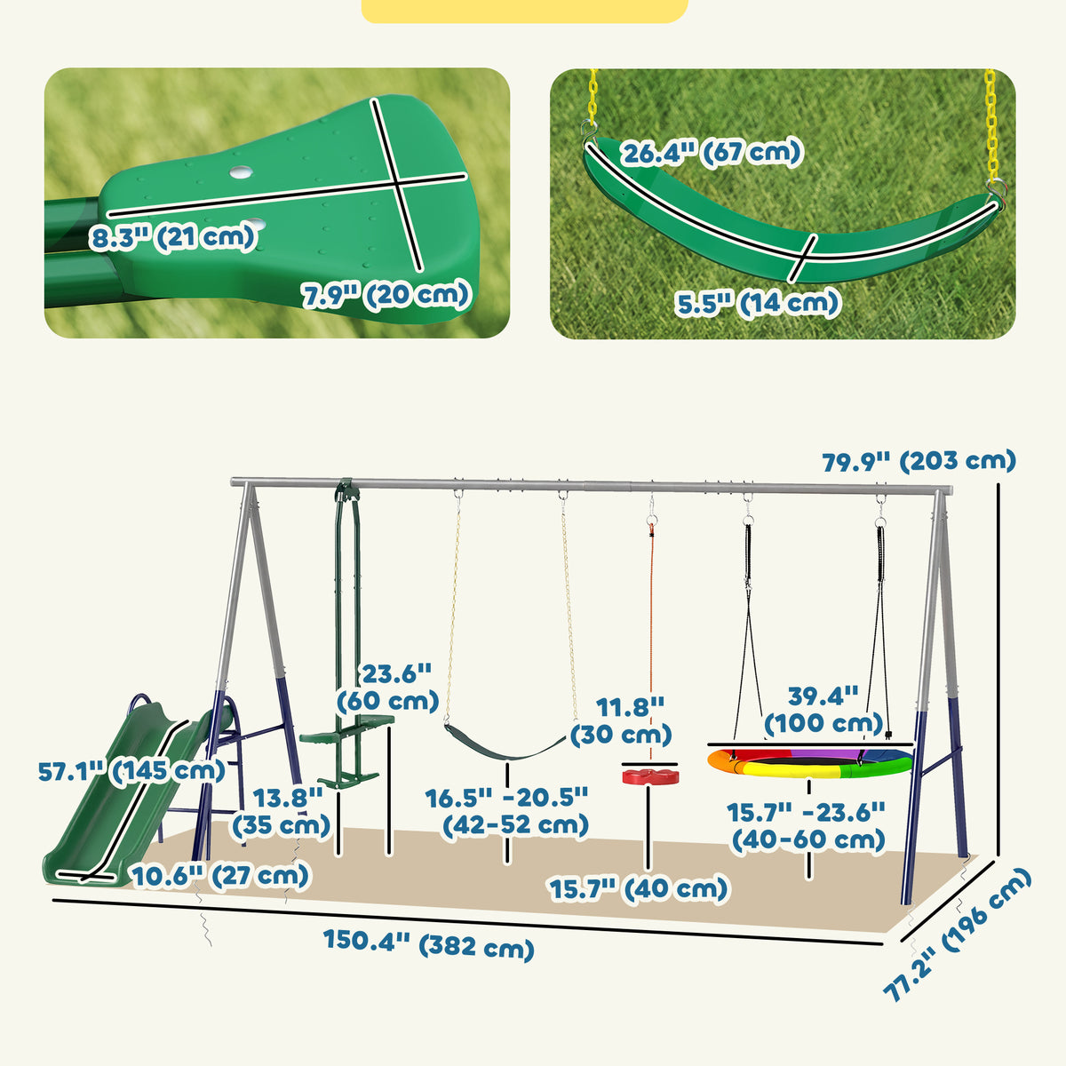 5-in-1 Kids Swing Set with Slide, Swings and Glider for Backyard, 770lbs Capacity, for Ages 3-8, Multicolour-Toys & Games > Kids Outdoor Play > Gym Sets & Swings-DECOROLALA