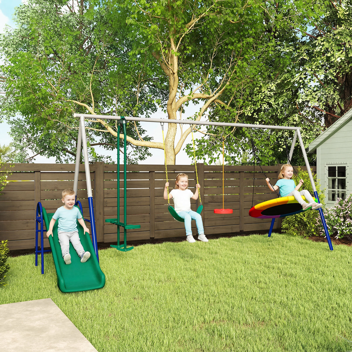 5-in-1 Kids Swing Set with Slide and Swings - 770lbs Capacity-Toys & Games > Kids Outdoor Play > Gym Sets & Swings-DECOROLALA