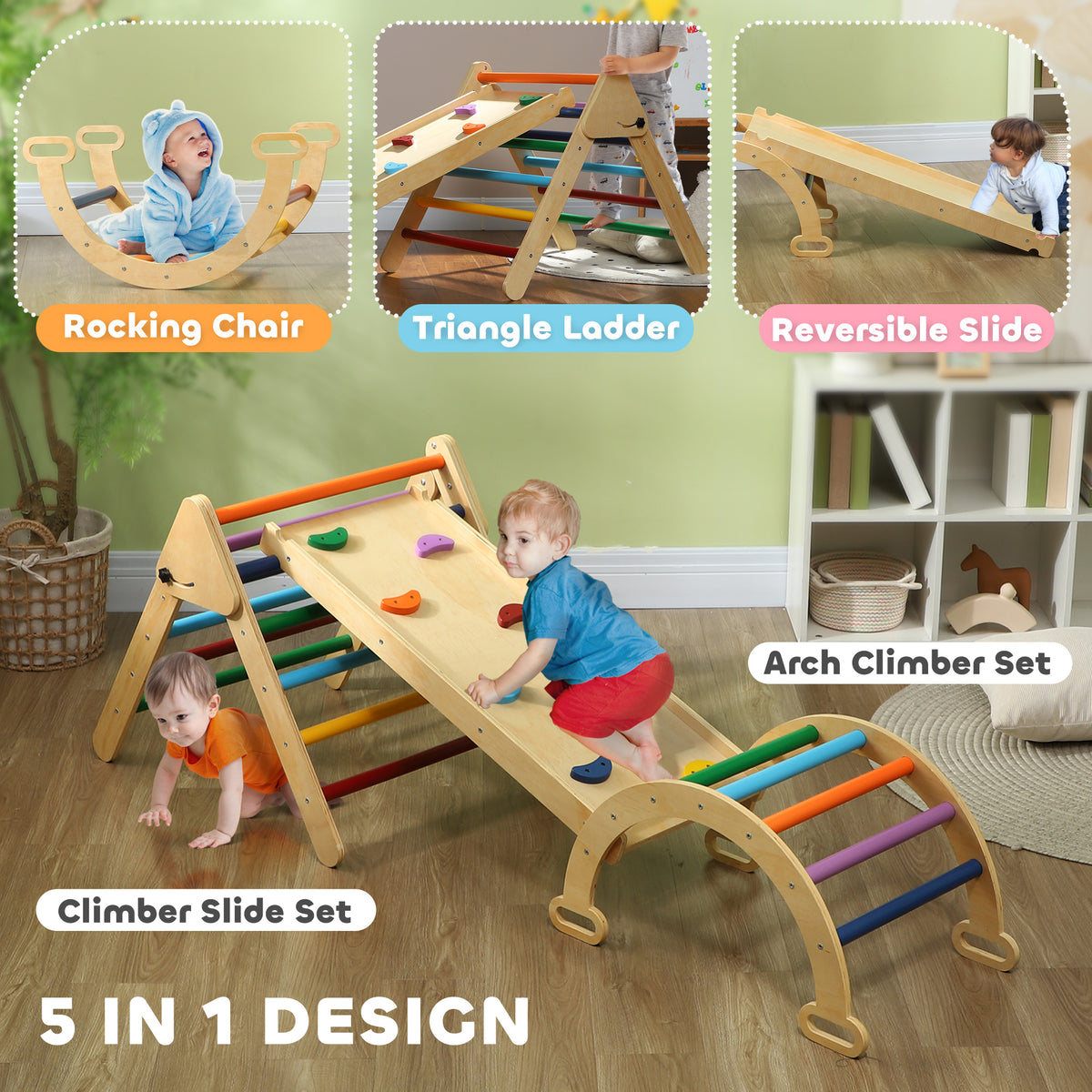 5 in 1 Pikler Triangle Set with Ladder, Ramp, Arch, for 18-48 months, Multicolour-Toys & Games > Baby & Toddler Toys > Kids Gym & Playmats-DECOROLALA