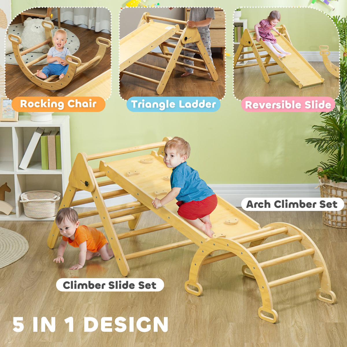 5 in 1 Pikler Triangle Set with Ladder, Ramp, Arch, for 18-48 months, Multicolour-Toys & Games > Baby & Toddler Toys > Kids Gym & Playmats-DECOROLALA