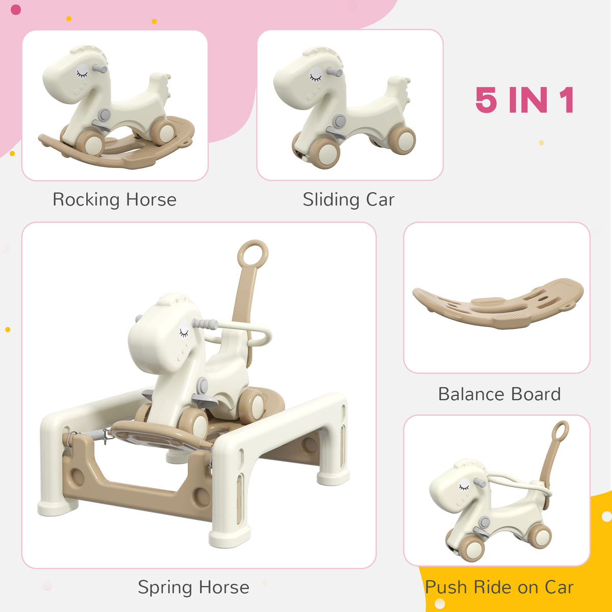 5 in 1 Rocking Horse for Toddlers 1-6 Years with Balance Board, Push Handle, 4 Smooth Wheels-Toys & Games > Baby & Toddler Toys > Riding & Rocking Toys > Rocking Horses-DECOROLALA