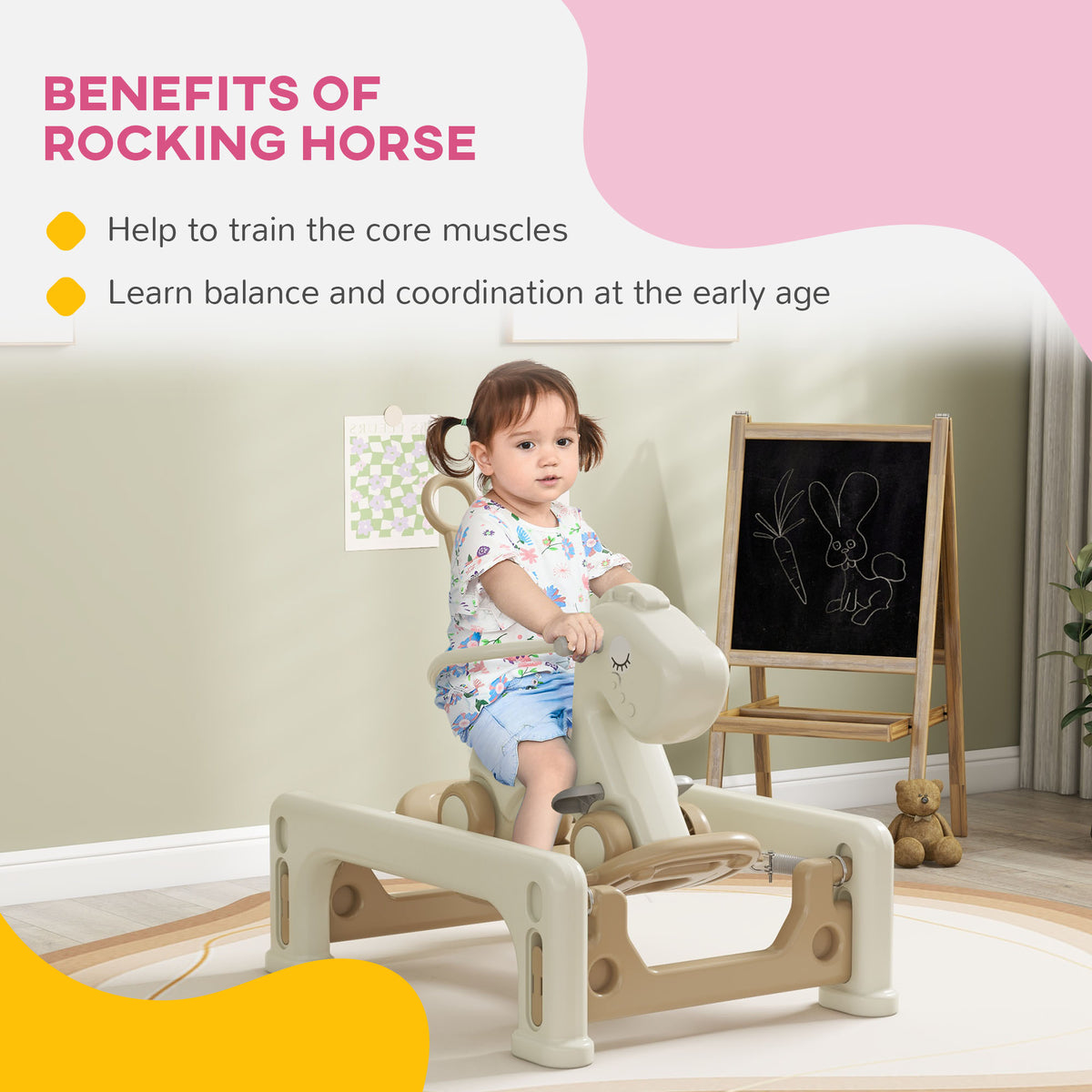 5 in 1 Rocking Horse for Toddlers 1-6 Years with Balance Board, Push Handle, 4 Smooth Wheels-Toys & Games > Baby & Toddler Toys > Riding & Rocking Toys > Rocking Horses-DECOROLALA