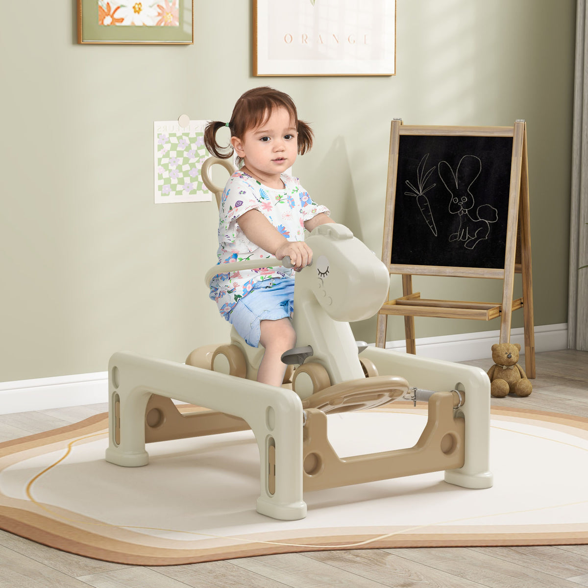 5 in 1 Rocking Horse for Toddlers 1-6 Years with Balance Board, Push Handle, 4 Smooth Wheels-Toys & Games > Baby & Toddler Toys > Riding & Rocking Toys > Rocking Horses-DECOROLALA