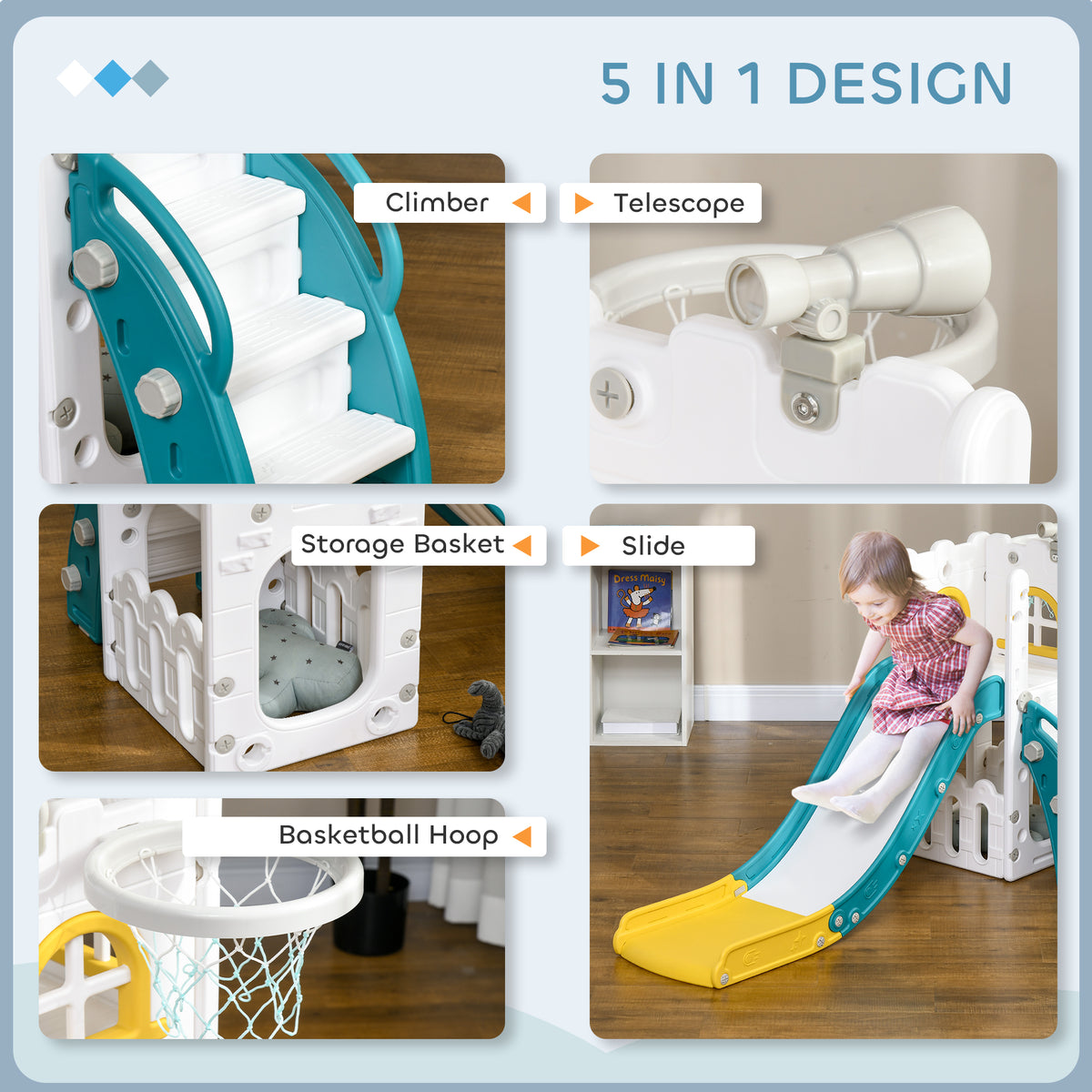 5-in-1 Toddler Slide with Basketball Hoop and Storage - White-Toys & Games > Kids Outdoor Play > Gym Sets & Swings-DECOROLALA