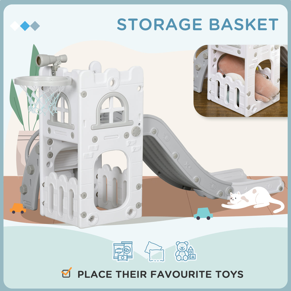 5-in-1 Toddler Slide with Basketball Hoop and Storage - White-Toys & Games > Kids Outdoor Play > Gym Sets & Swings-DECOROLALA
