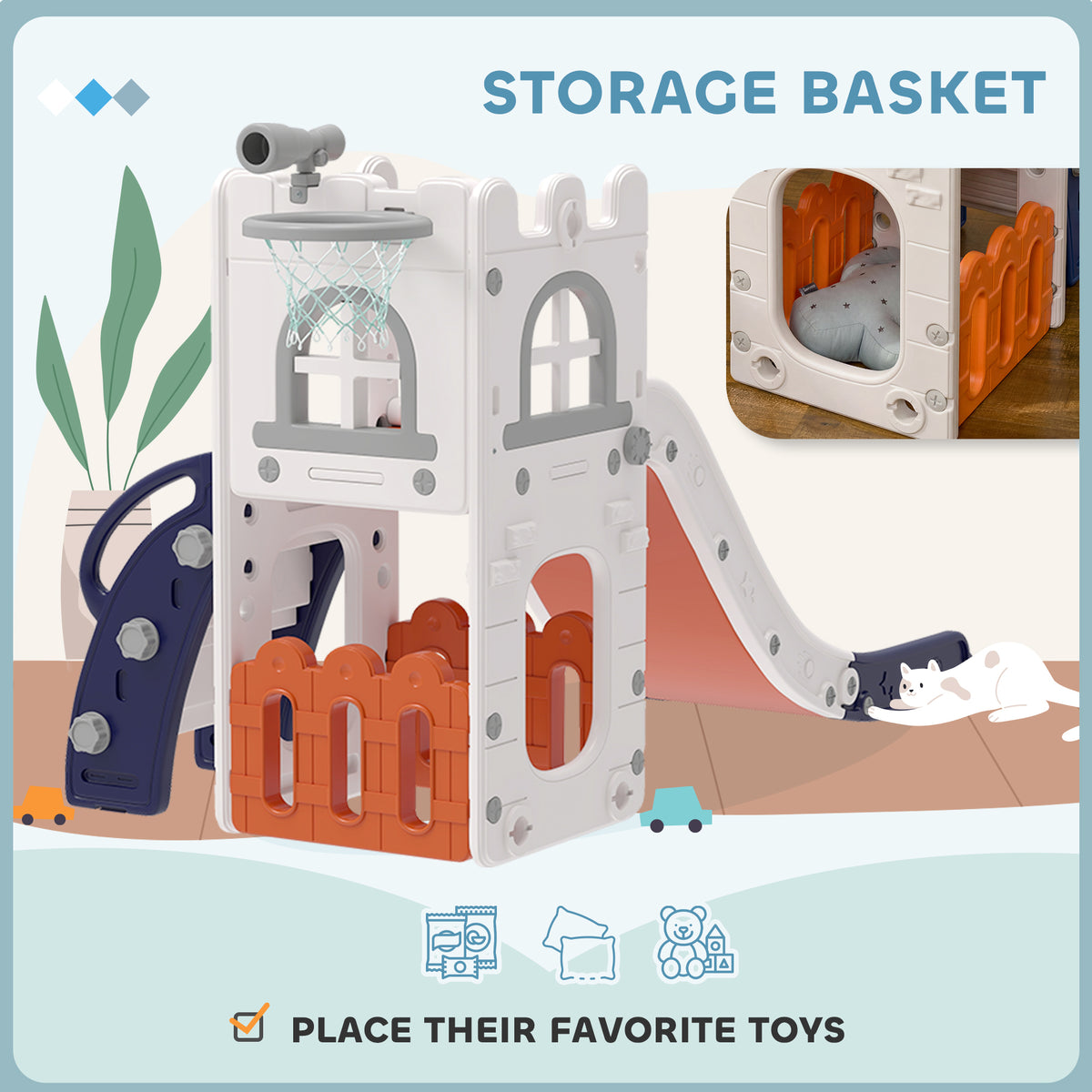 5-in-1 Toddler Slide with Basketball Hoop and Storage - White-Toys & Games > Kids Outdoor Play > Gym Sets & Swings-DECOROLALA