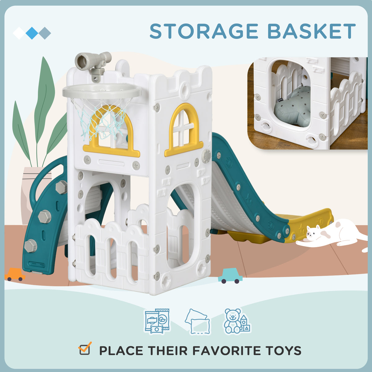 5-in-1 Toddler Slide with Basketball Hoop and Storage - White-Toys & Games > Kids Outdoor Play > Gym Sets & Swings-DECOROLALA