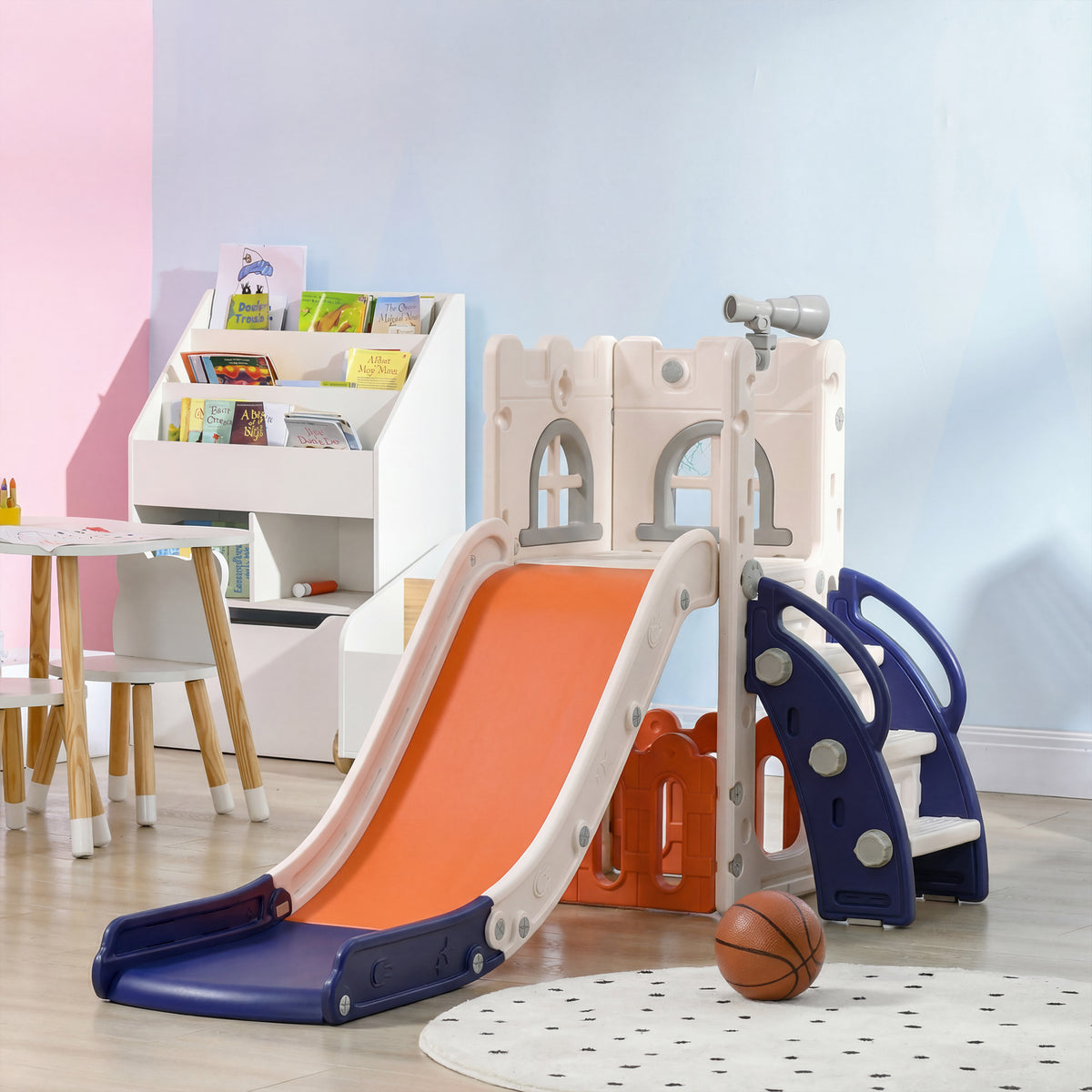 5-in-1 Toddler Slide with Basketball Hoop and Storage - White-Toys & Games > Kids Outdoor Play > Gym Sets & Swings-DECOROLALA
