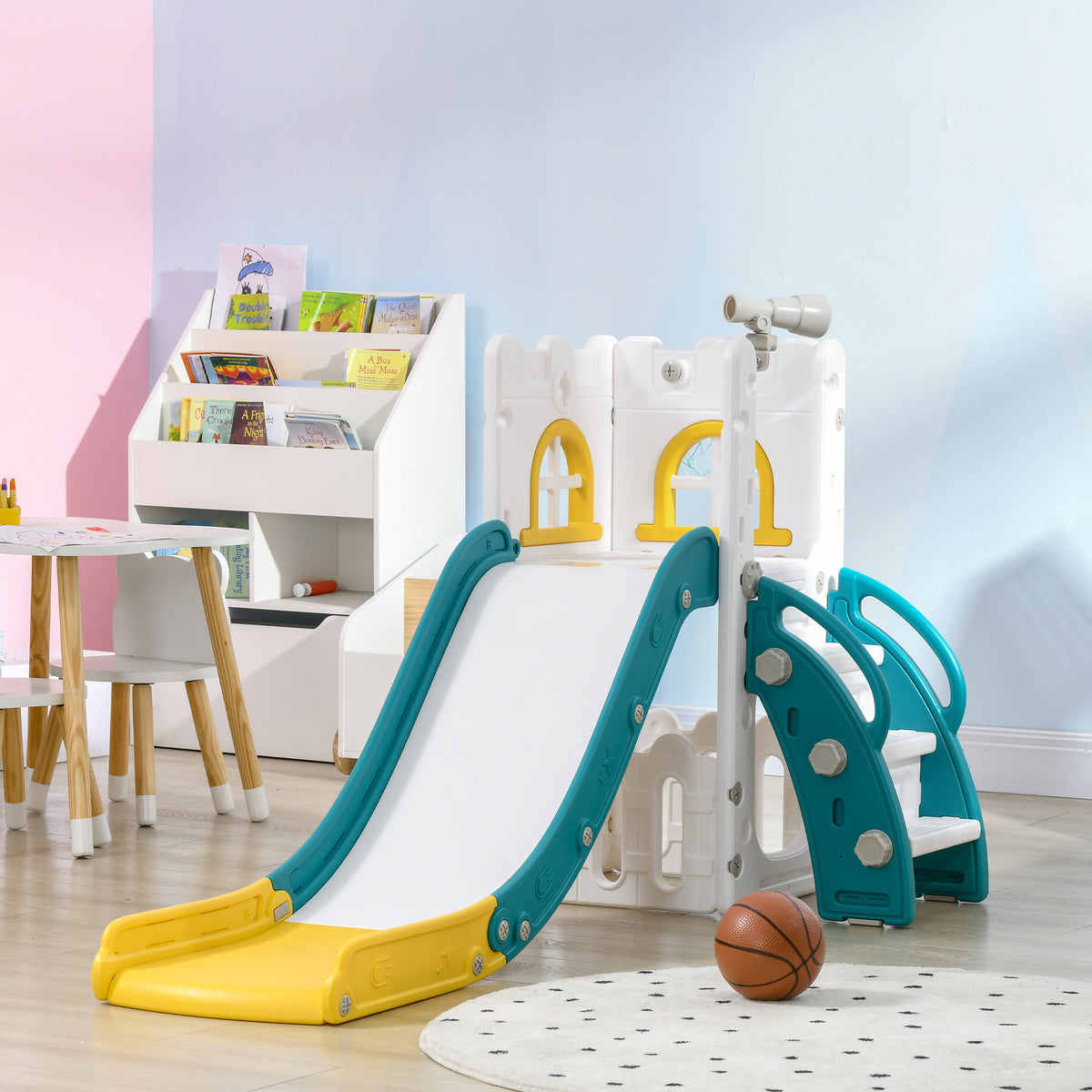 5-in-1 Toddler Slide with Basketball Hoop and Storage - White-Toys & Games > Kids Outdoor Play > Gym Sets & Swings-DECOROLALA