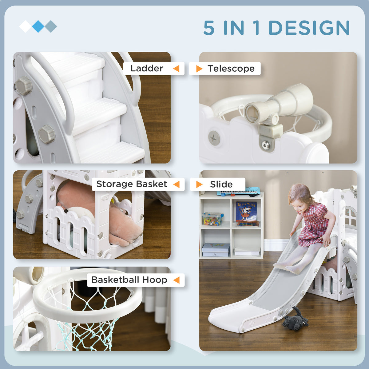 5-in-1 Toddler Slide with Basketball Hoop and Storage - White-Toys & Games > Kids Outdoor Play > Gym Sets & Swings-DECOROLALA
