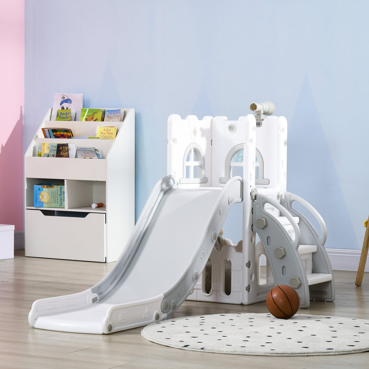 5-in-1 Toddler Slide with Basketball Hoop and Storage - White-Toys & Games > Kids Outdoor Play > Gym Sets & Swings-DECOROLALA