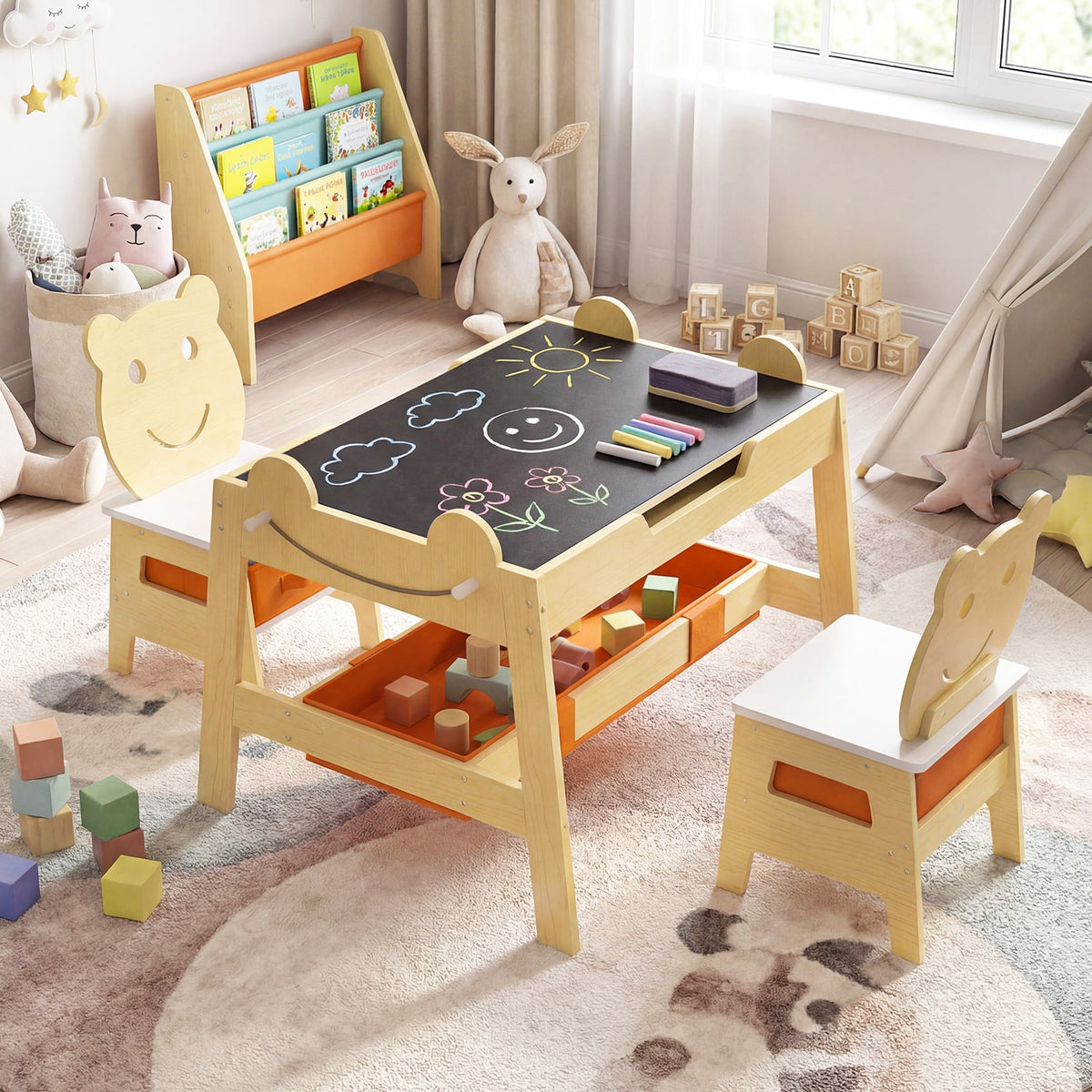 5-in-1 Toddler Table and 2 Chairs Cute Art Desk Set with Reversible Chalkboard Whiteboard-Natural-Kids Tables & Chair Sets-DECOROLALA