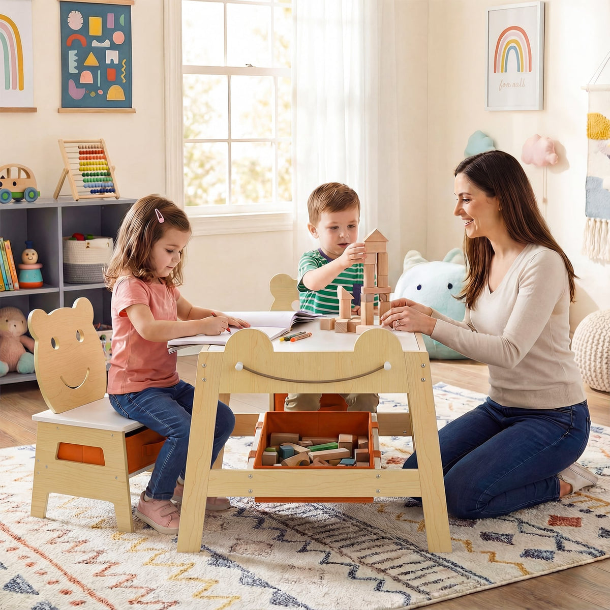 5-in-1 Toddler Table and 2 Chairs Cute Art Desk Set with Reversible Chalkboard Whiteboard-Natural-Kids Tables & Chair Sets-DECOROLALA