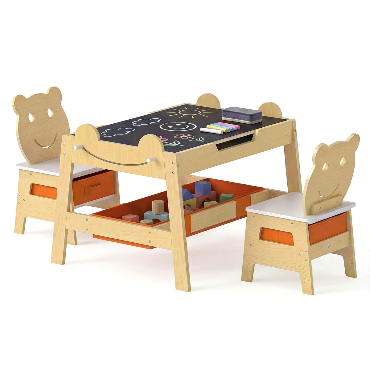 5-in-1 Toddler Table and 2 Chairs Cute Art Desk Set with Reversible Chalkboard Whiteboard-Natural-Kids Tables & Chair Sets-DECOROLALA