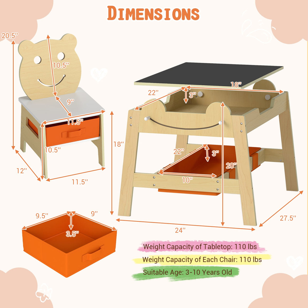 5-in-1 Toddler Table and 2 Chairs Cute Art Desk Set with Reversible Chalkboard Whiteboard-Natural-Kids Tables & Chair Sets-DECOROLALA