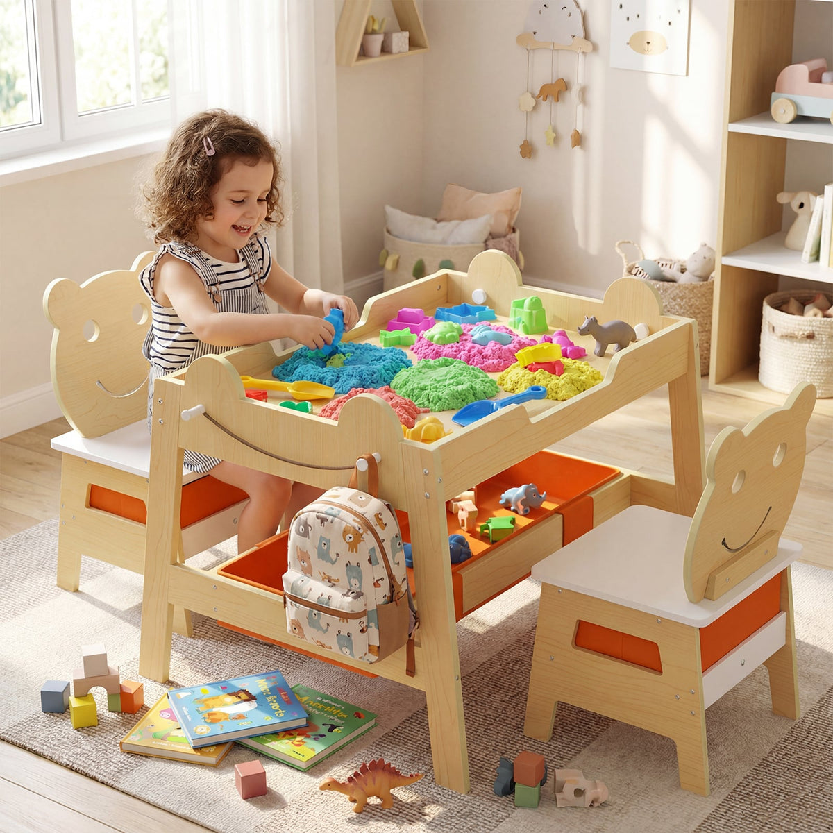 5-in-1 Toddler Table and 2 Chairs Cute Art Desk Set with Reversible Chalkboard Whiteboard-Natural-Kids Tables & Chair Sets-DECOROLALA