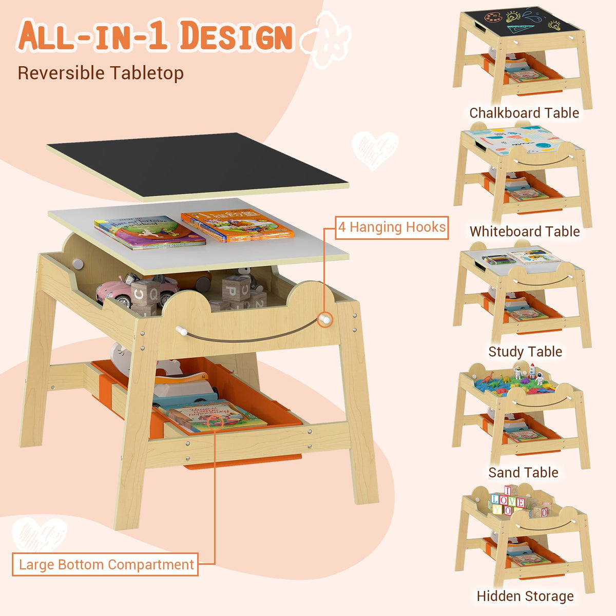 5-in-1 Toddler Table and 2 Chairs Cute Art Desk Set with Reversible Chalkboard Whiteboard-Natural-Kids Tables & Chair Sets-DECOROLALA