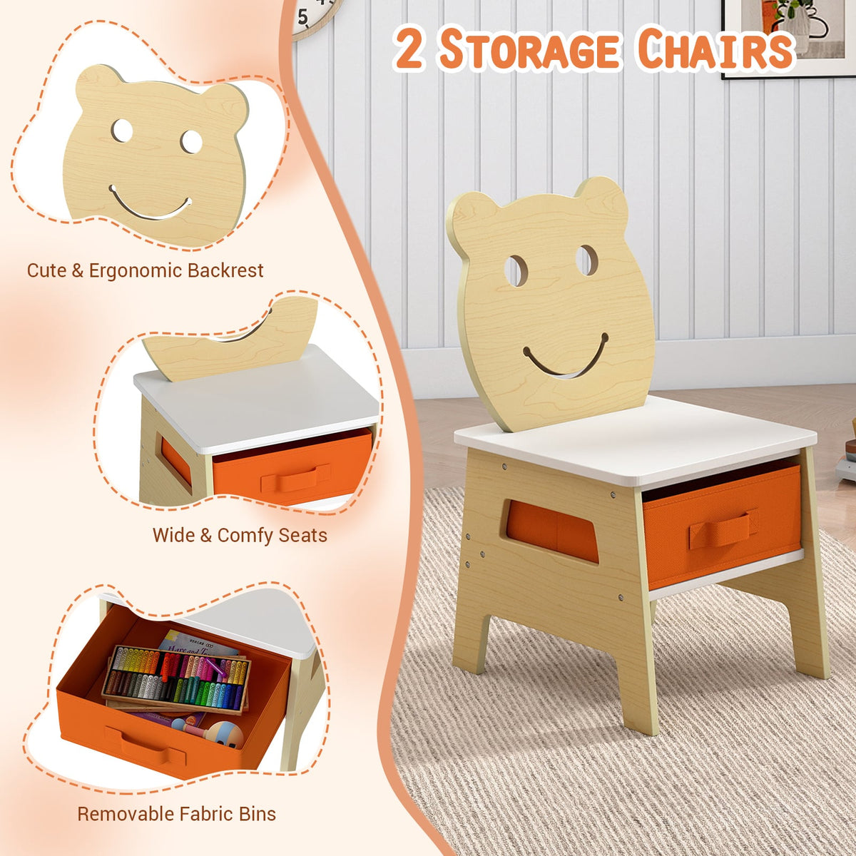 5-in-1 Toddler Table and 2 Chairs Cute Art Desk Set with Reversible Chalkboard Whiteboard-Natural-Kids Tables & Chair Sets-DECOROLALA