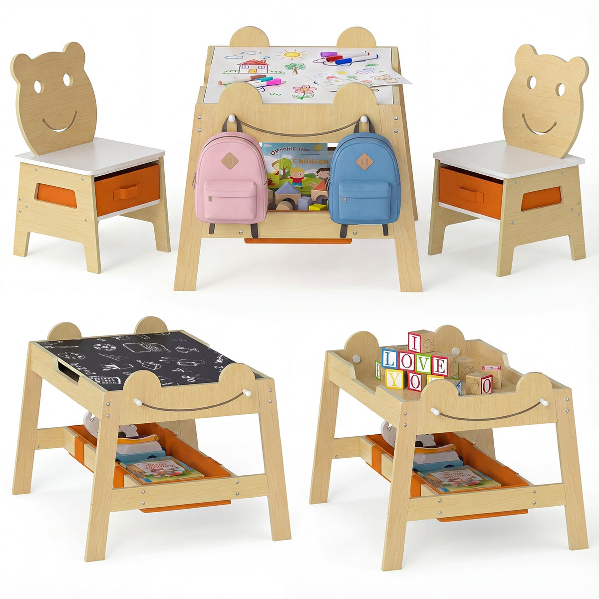 5-in-1 Toddler Table and 2 Chairs Cute Art Desk Set with Reversible Chalkboard Whiteboard-Natural-Kids Tables & Chair Sets-DECOROLALA