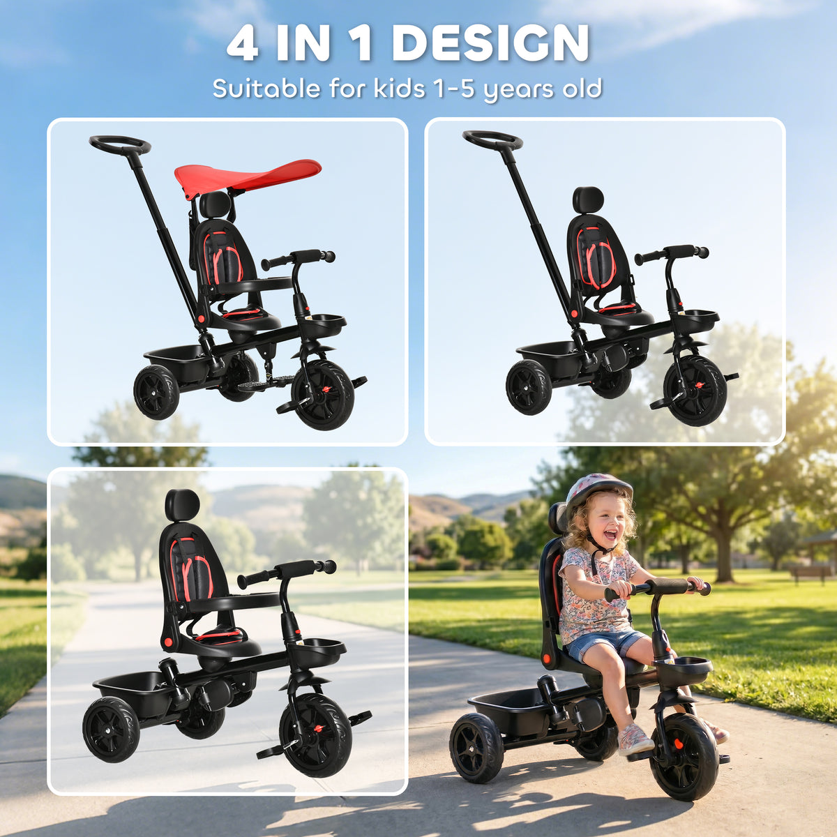 Tricycle for Toddler 5 in 1 Kids Trike, Converts Stroller to Toddler Bike, Adjustable Backrest & Flat Canopy, Detachable Guardrail & Handle for 1-5 Years Old-Toys & Games > Baby & Toddler Toys > Riding & Rocking Toys > Tricycles for Kids-DECOROLALA
