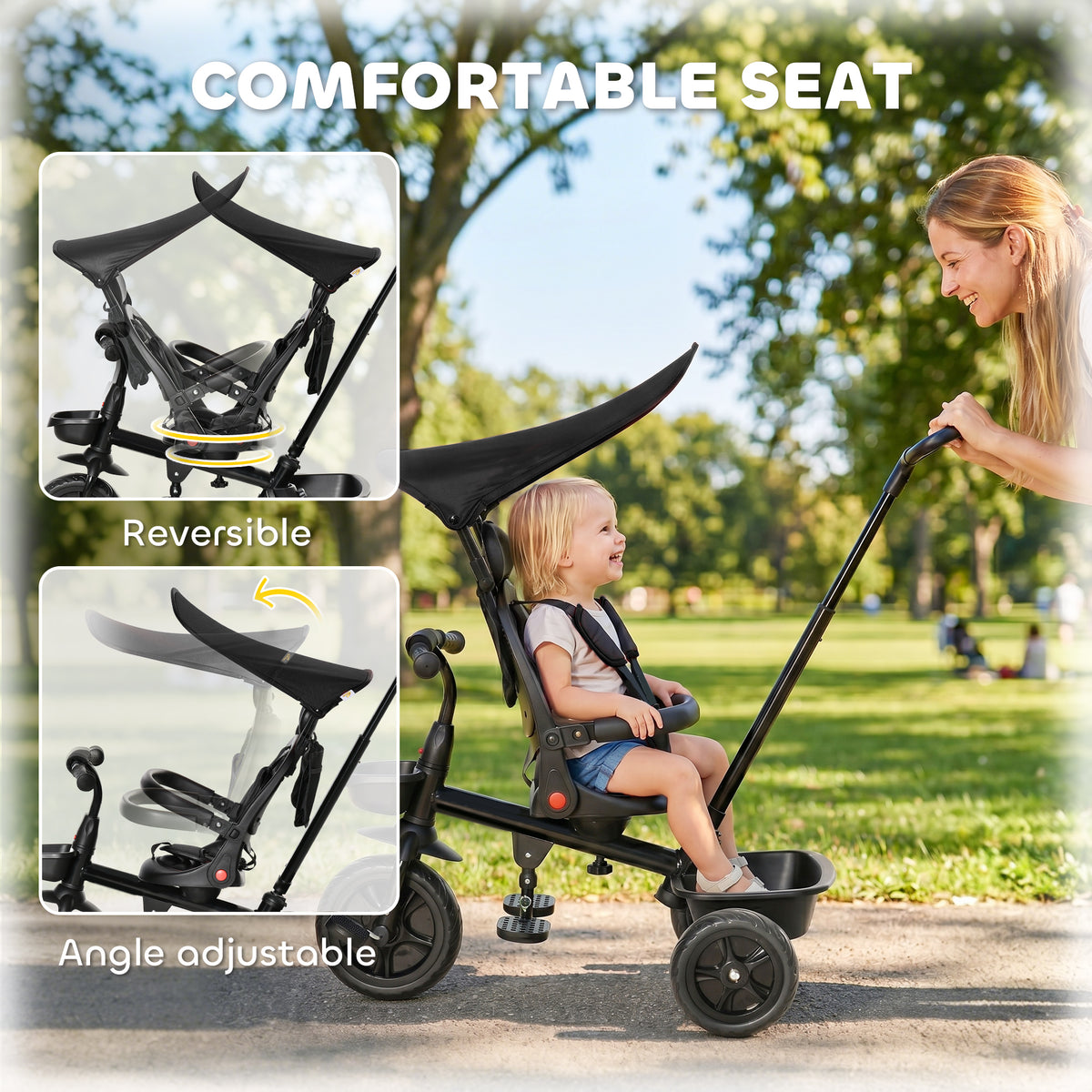 Tricycle for Toddler 5 in 1 Kids Trike, Converts Stroller to Toddler Bike, Adjustable Backrest & Flat Canopy, Detachable Guardrail & Handle for 1-5 Years Old-Toys & Games > Baby & Toddler Toys > Riding & Rocking Toys > Tricycles for Kids-DECOROLALA