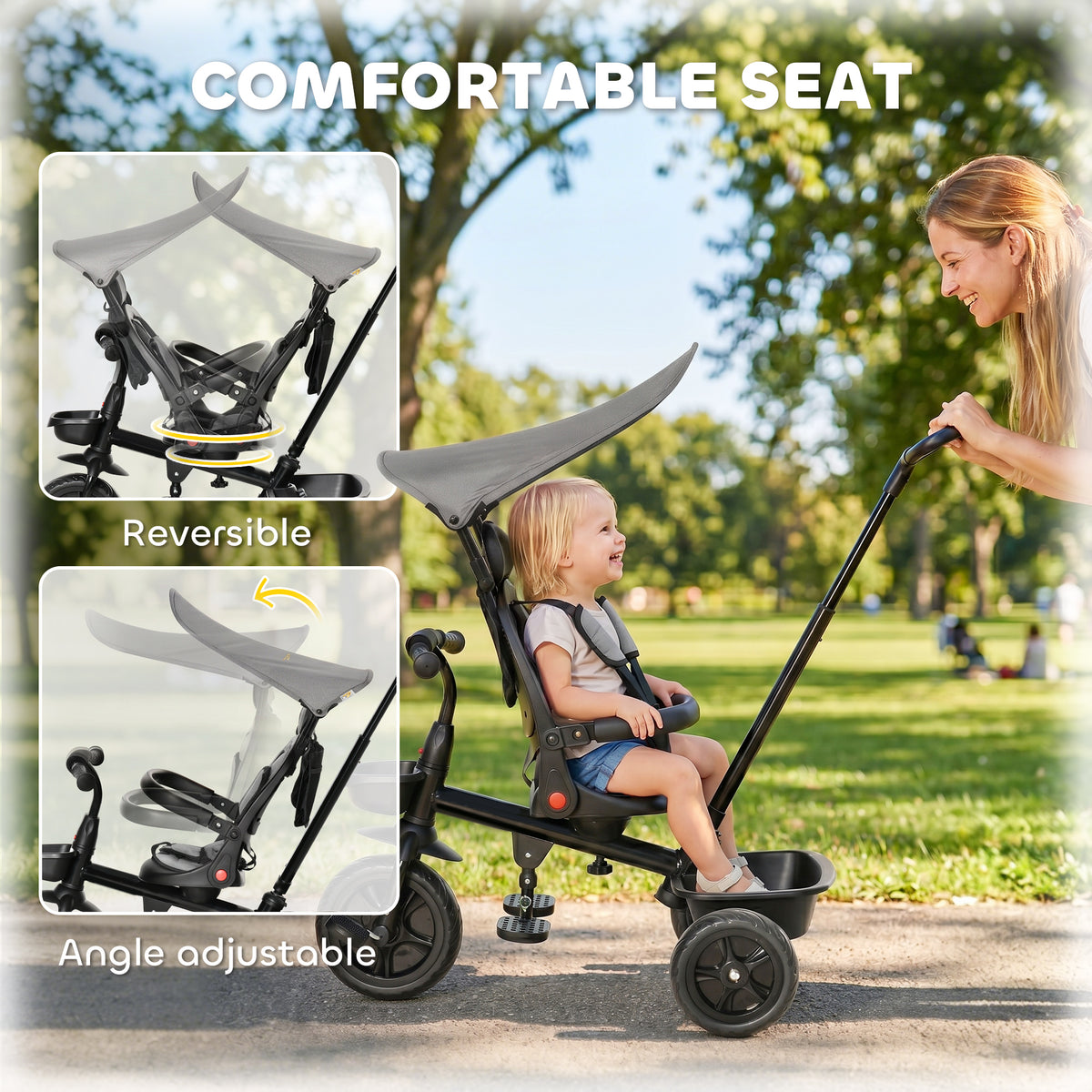 Tricycle for Toddler 5 in 1 Kids Trike, Converts Stroller to Toddler Bike, Adjustable Backrest & Flat Canopy, Detachable Guardrail & Handle for 1-5 Years Old-Toys & Games > Baby & Toddler Toys > Riding & Rocking Toys > Tricycles for Kids-DECOROLALA