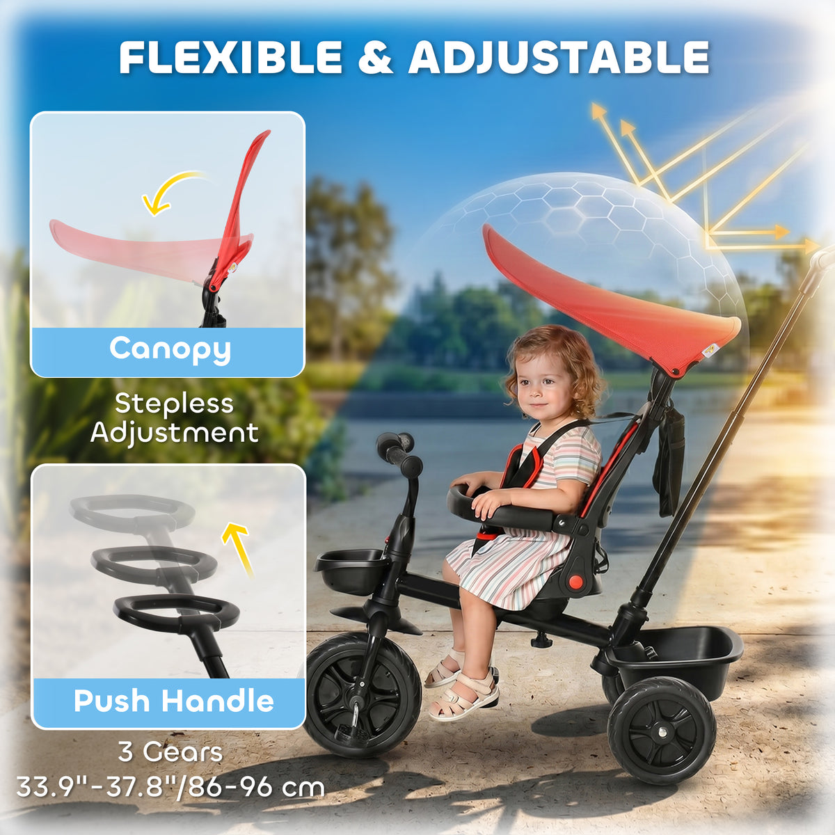 Tricycle for Toddler 5 in 1 Kids Trike, Converts Stroller to Toddler Bike, Adjustable Backrest & Flat Canopy, Detachable Guardrail & Handle for 1-5 Years Old-Toys & Games > Baby & Toddler Toys > Riding & Rocking Toys > Tricycles for Kids-DECOROLALA