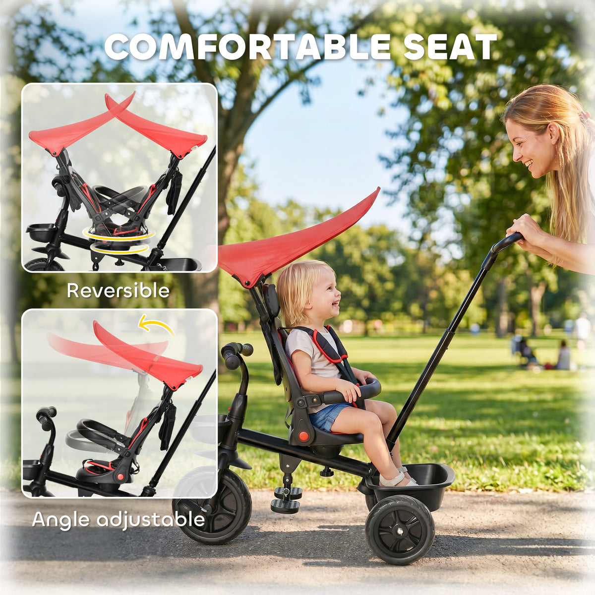 Tricycle for Toddler 5 in 1 Kids Trike, Converts Stroller to Toddler Bike, Adjustable Backrest & Flat Canopy, Detachable Guardrail & Handle for 1-5 Years Old-Toys & Games > Baby & Toddler Toys > Riding & Rocking Toys > Tricycles for Kids-DECOROLALA