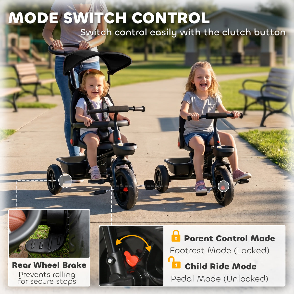 Tricycle for Toddler 5 in 1 Kids Trike, Converts Stroller to Toddler Bike, Adjustable Backrest & Flat Canopy, Detachable Guardrail & Handle for 1-5 Years Old-Toys & Games > Baby & Toddler Toys > Riding & Rocking Toys > Tricycles for Kids-DECOROLALA