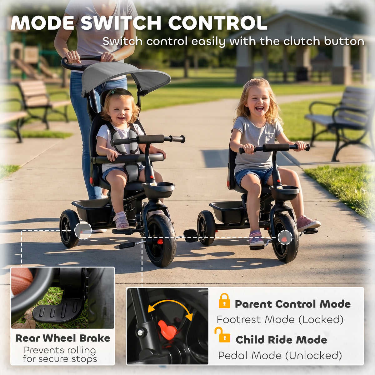 Tricycle for Toddler 5 in 1 Kids Trike, Converts Stroller to Toddler Bike, Adjustable Backrest & Flat Canopy, Detachable Guardrail & Handle for 1-5 Years Old-Toys & Games > Baby & Toddler Toys > Riding & Rocking Toys > Tricycles for Kids-DECOROLALA