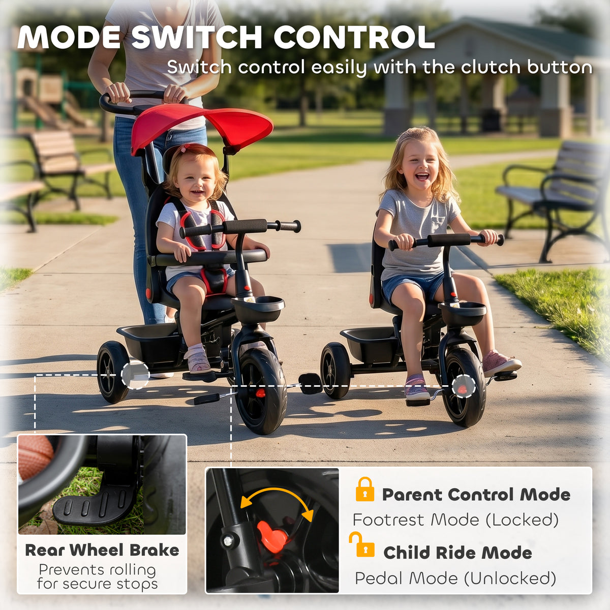 Tricycle for Toddler 5 in 1 Kids Trike, Converts Stroller to Toddler Bike, Adjustable Backrest & Flat Canopy, Detachable Guardrail & Handle for 1-5 Years Old-Toys & Games > Baby & Toddler Toys > Riding & Rocking Toys > Tricycles for Kids-DECOROLALA