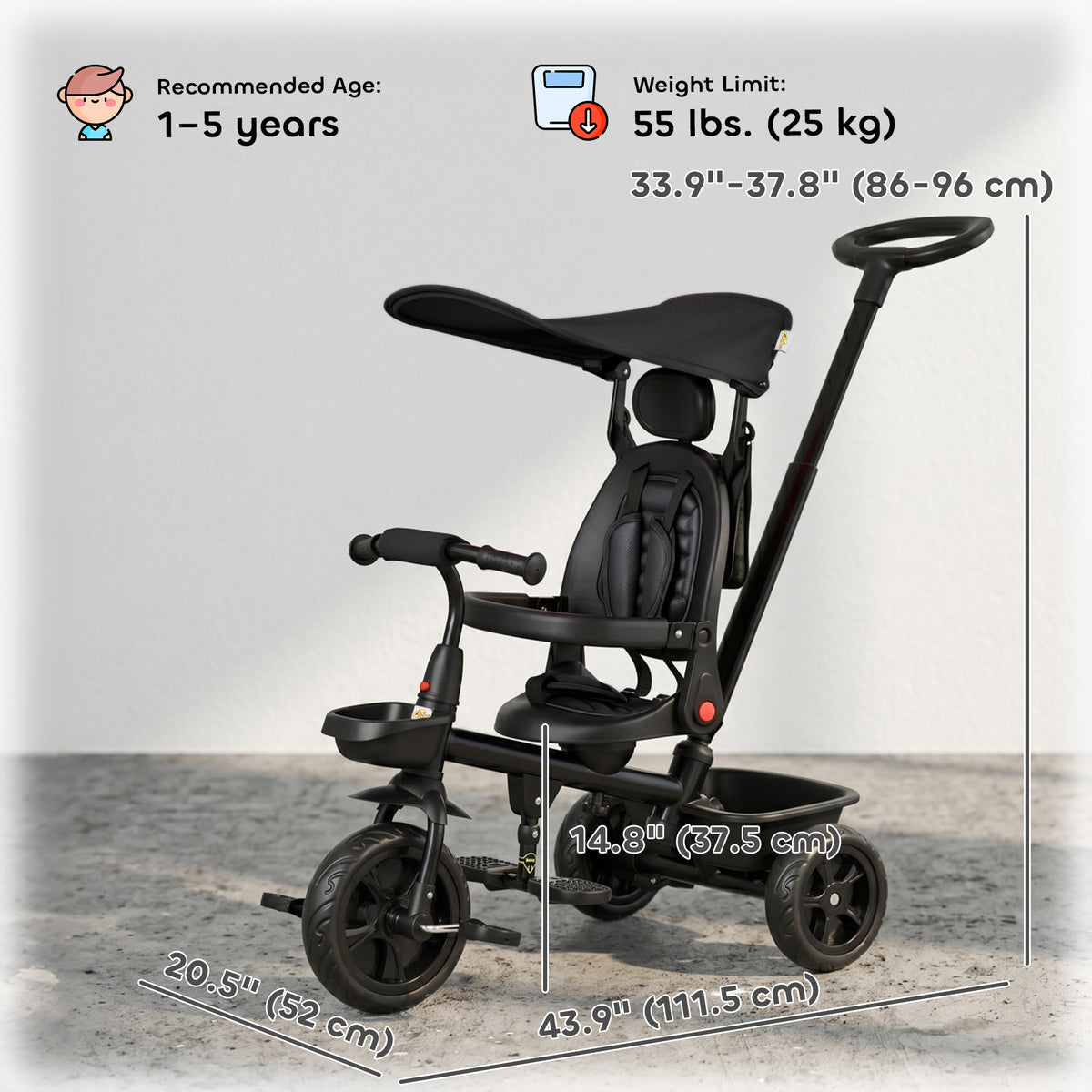 Tricycle for Toddler 5 in 1 Kids Trike, Converts Stroller to Toddler Bike, Adjustable Backrest & Flat Canopy, Detachable Guardrail & Handle for 1-5 Years Old-Toys & Games > Baby & Toddler Toys > Riding & Rocking Toys > Tricycles for Kids-DECOROLALA