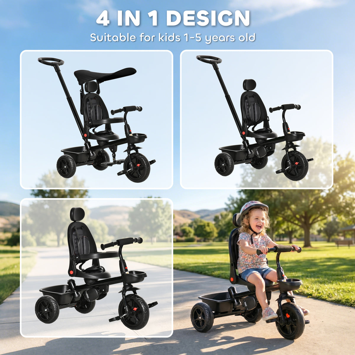 Tricycle for Toddler 5 in 1 Kids Trike, Converts Stroller to Toddler Bike, Adjustable Backrest & Flat Canopy, Detachable Guardrail & Handle for 1-5 Years Old-Toys & Games > Baby & Toddler Toys > Riding & Rocking Toys > Tricycles for Kids-DECOROLALA