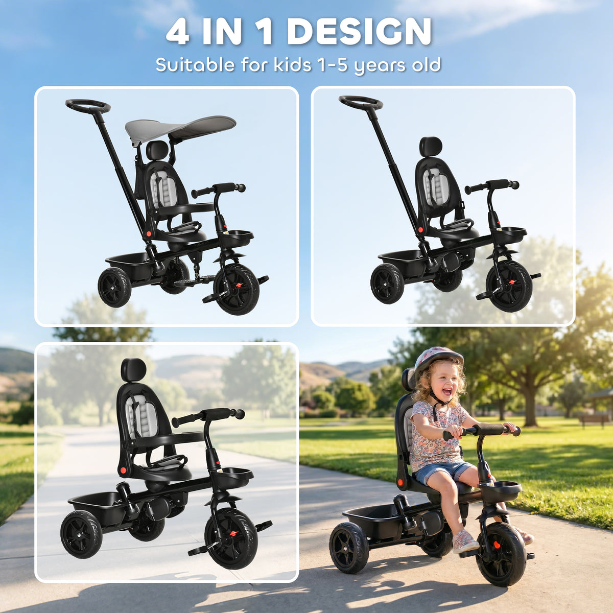 Tricycle for Toddler 5 in 1 Kids Trike, Converts Stroller to Toddler Bike, Adjustable Backrest & Flat Canopy, Detachable Guardrail & Handle for 1-5 Years Old-Toys & Games > Baby & Toddler Toys > Riding & Rocking Toys > Tricycles for Kids-DECOROLALA