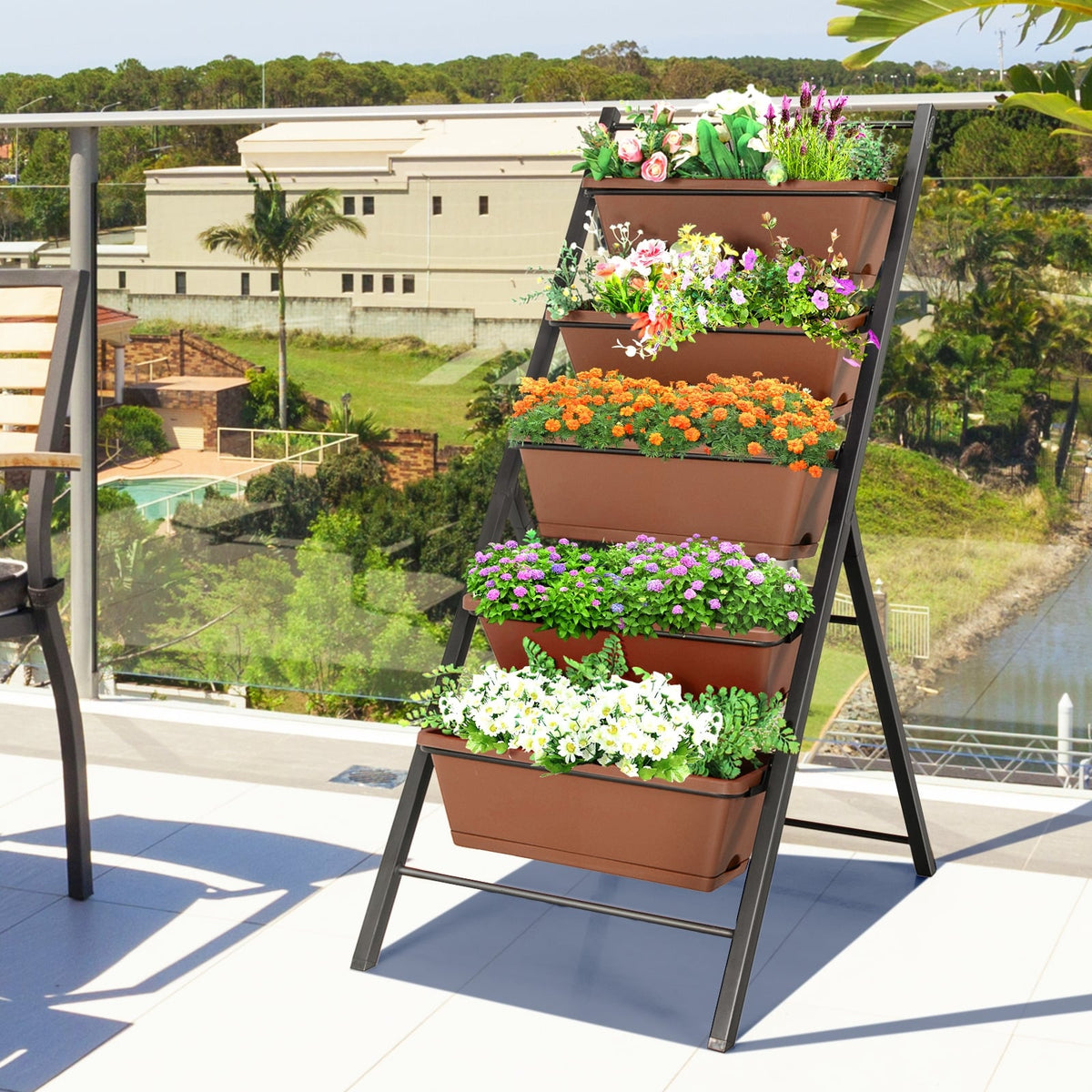 5-tier Vertical Garden Planter Box Elevated Raised Bed with 5 Container-Brown-Raised Garden Beds-DECOROLALA