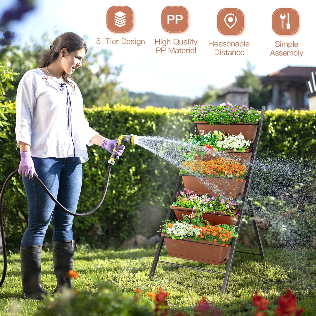 5-tier Vertical Garden Planter Box Elevated Raised Bed with 5 Container-Brown-Raised Garden Beds-DECOROLALA