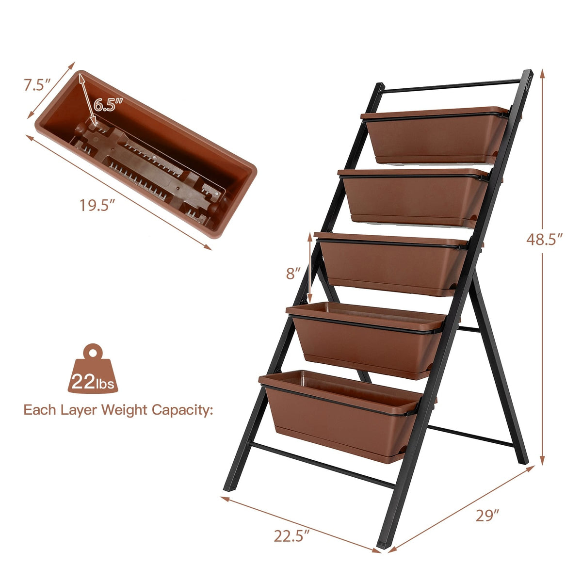 5-tier Vertical Garden Planter Box Elevated Raised Bed with 5 Container-Brown-Raised Garden Beds-DECOROLALA