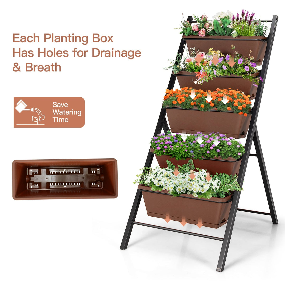 5-tier Vertical Garden Planter Box Elevated Raised Bed with 5 Container-Brown-Raised Garden Beds-DECOROLALA