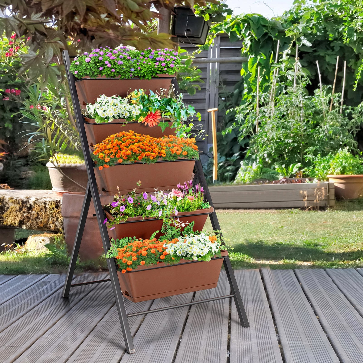 5-tier Vertical Garden Planter Box Elevated Raised Bed with 5 Container-Brown-Raised Garden Beds-DECOROLALA