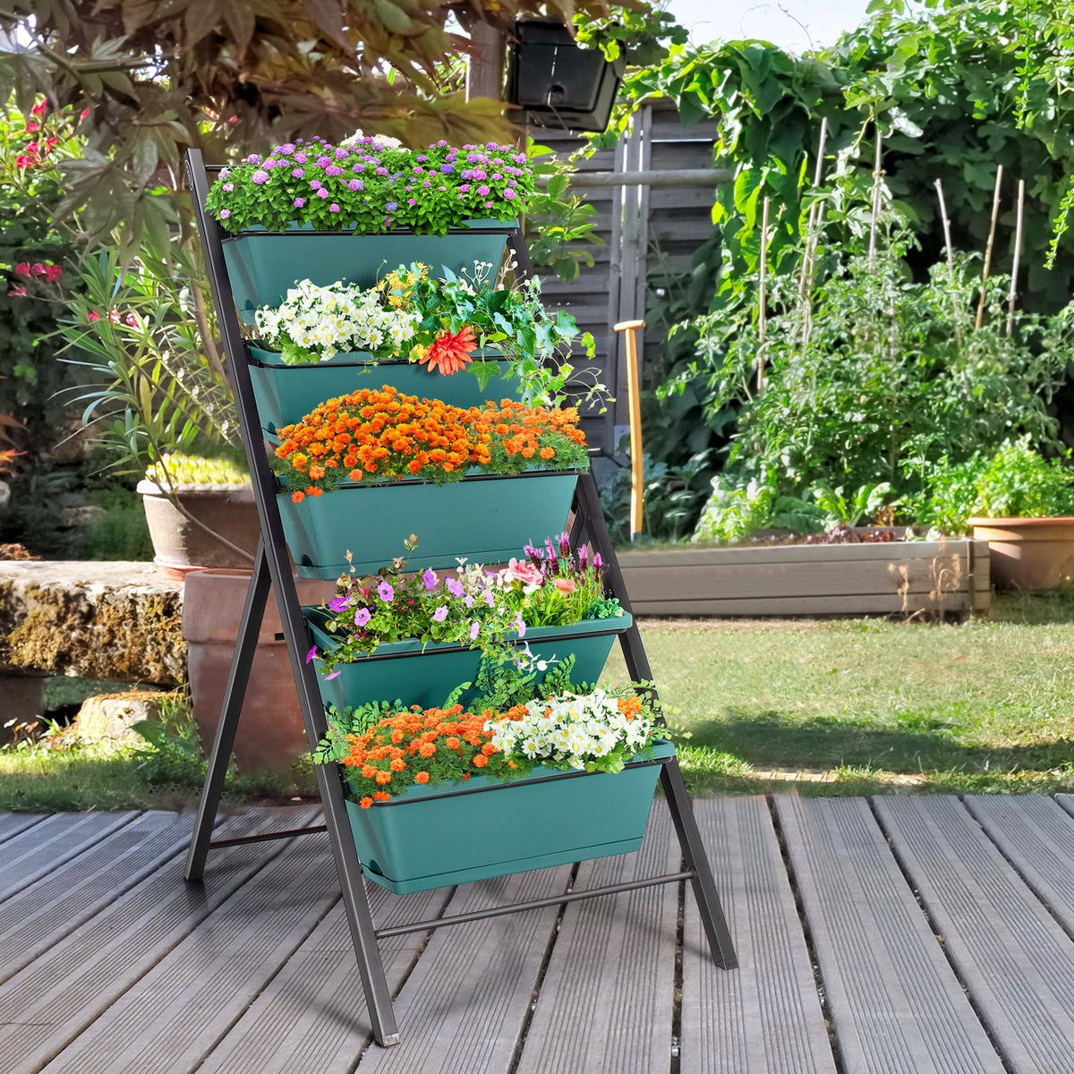5-tier Vertical Garden Planter Box Elevated Raised Bed with 5 Container-Green-Raised Garden Beds-DECOROLALA