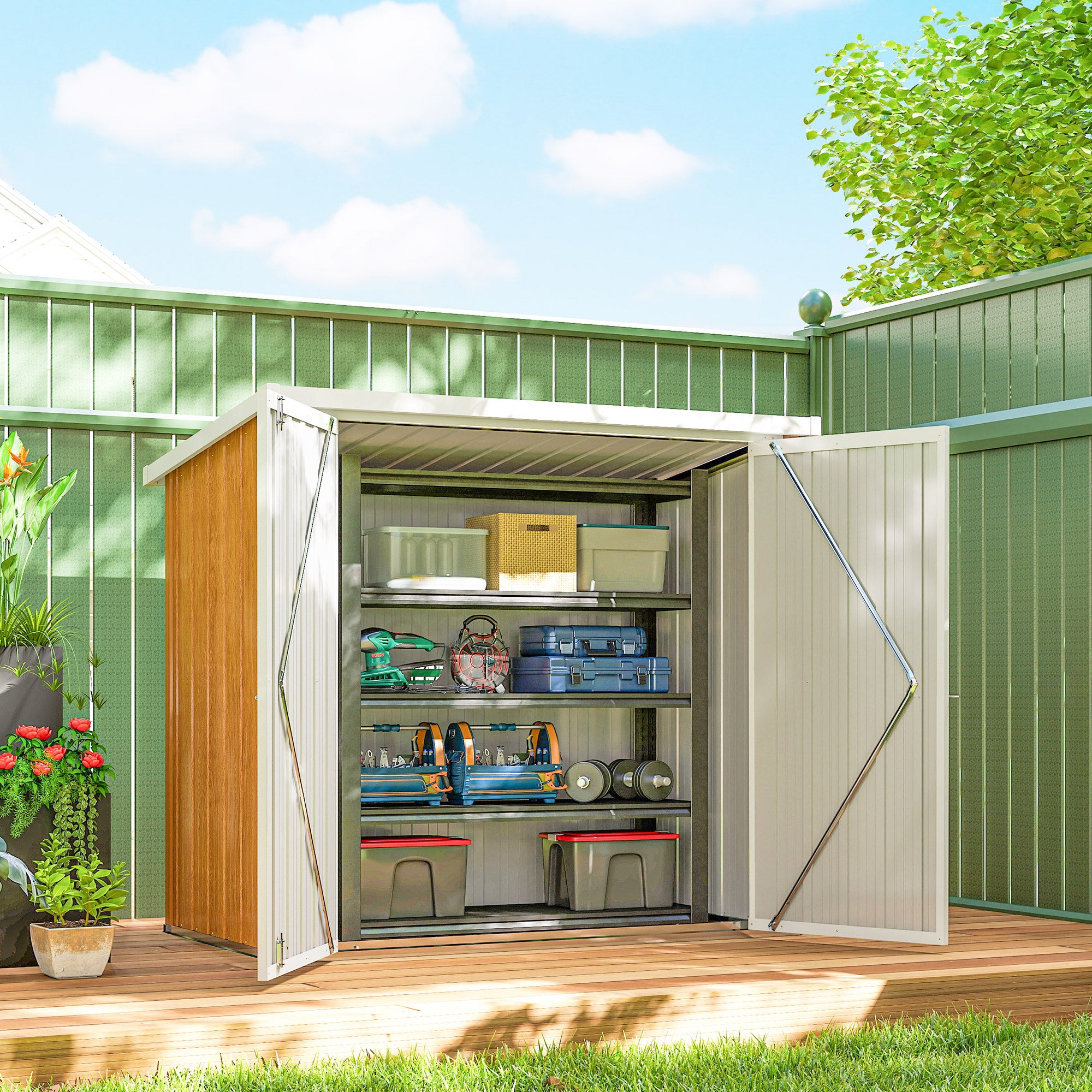 5' x 3' Metal Garden Storage Shed - Teak Galvanized Steel-DECOROLALA
