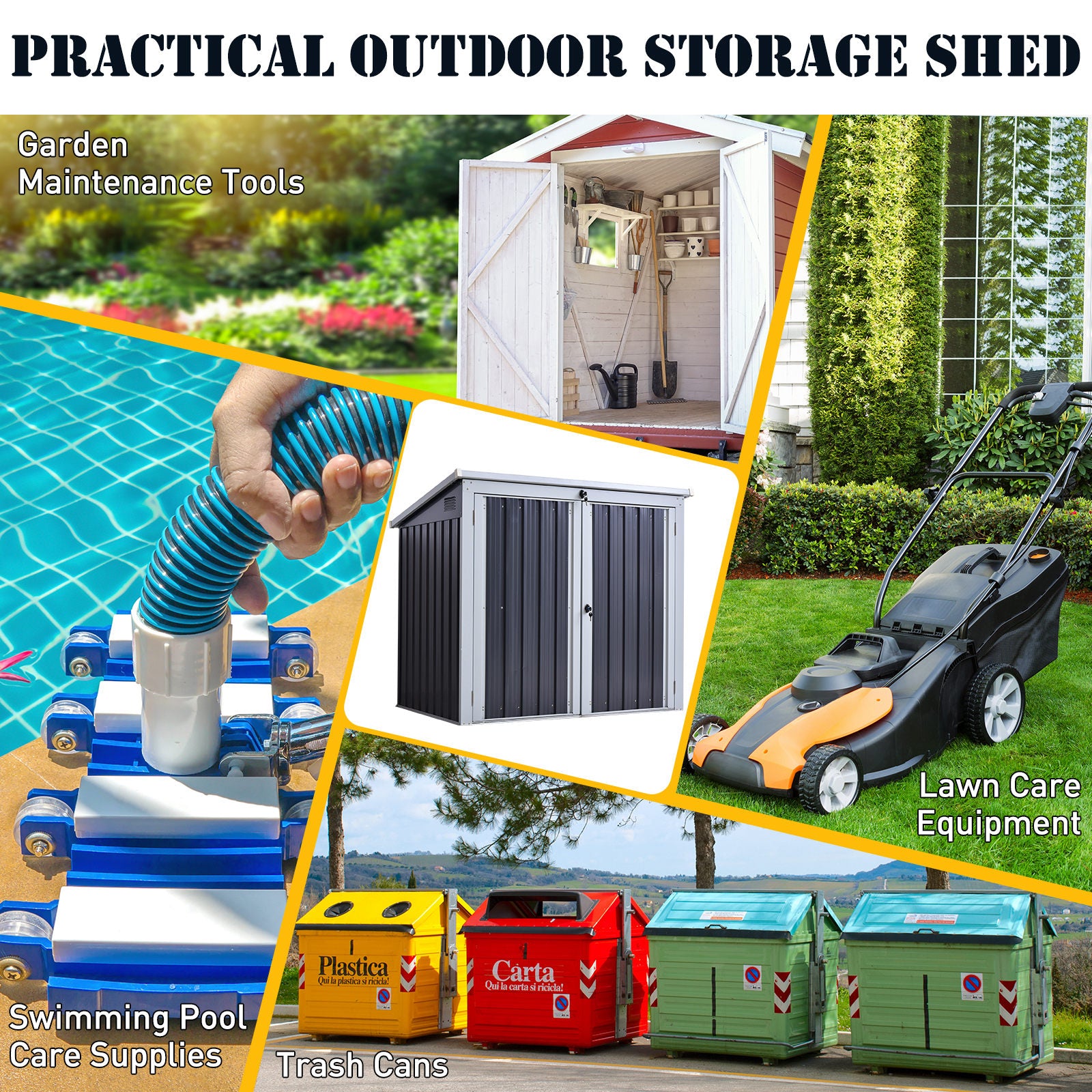 5' x 3' Outdoor Garbage Bin Storage Shed - Black Steel-Patio & Garden > Lawn & Garden > Sheds-DECOROLALA