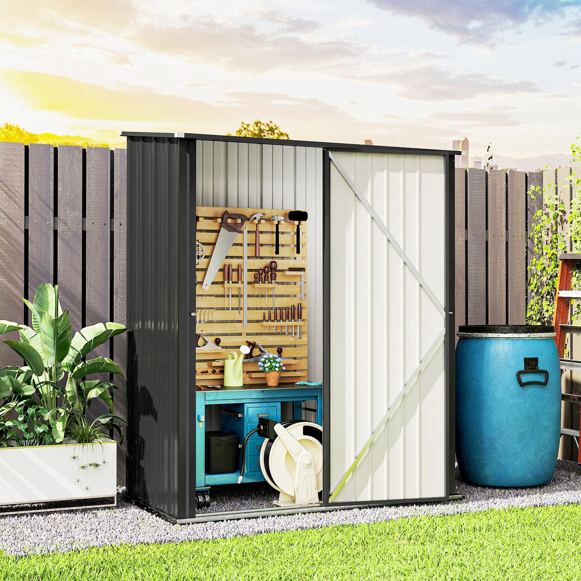 5' x 3' Outdoor Storage Shed - Black Galvanized Steel-Patio & Garden > Lawn & Garden > Sheds-DECOROLALA