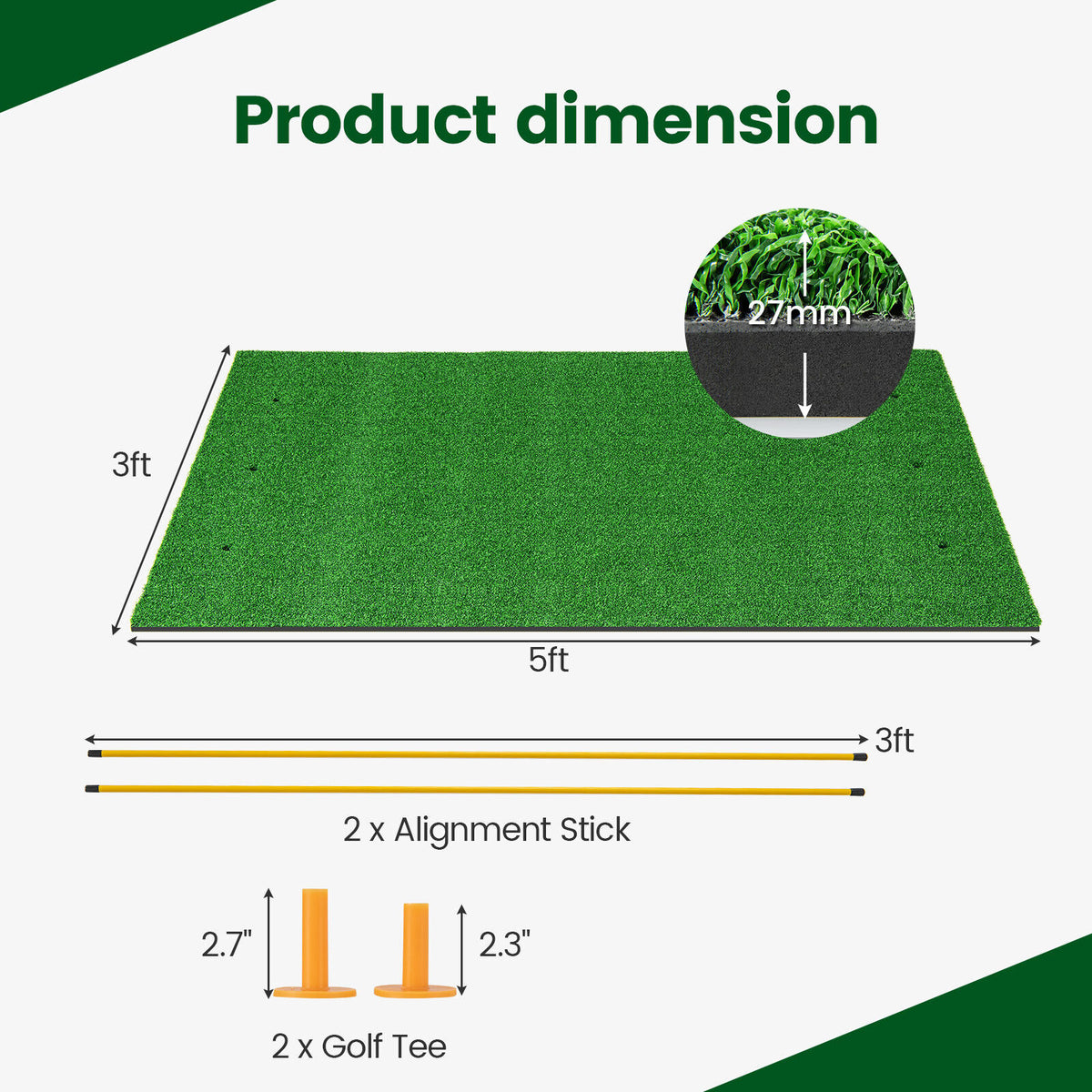 5 x 3 ft Artificial Turf Grass Practice Mat for Indoors and Outdoors-27mm-Golf-DECOROLALA