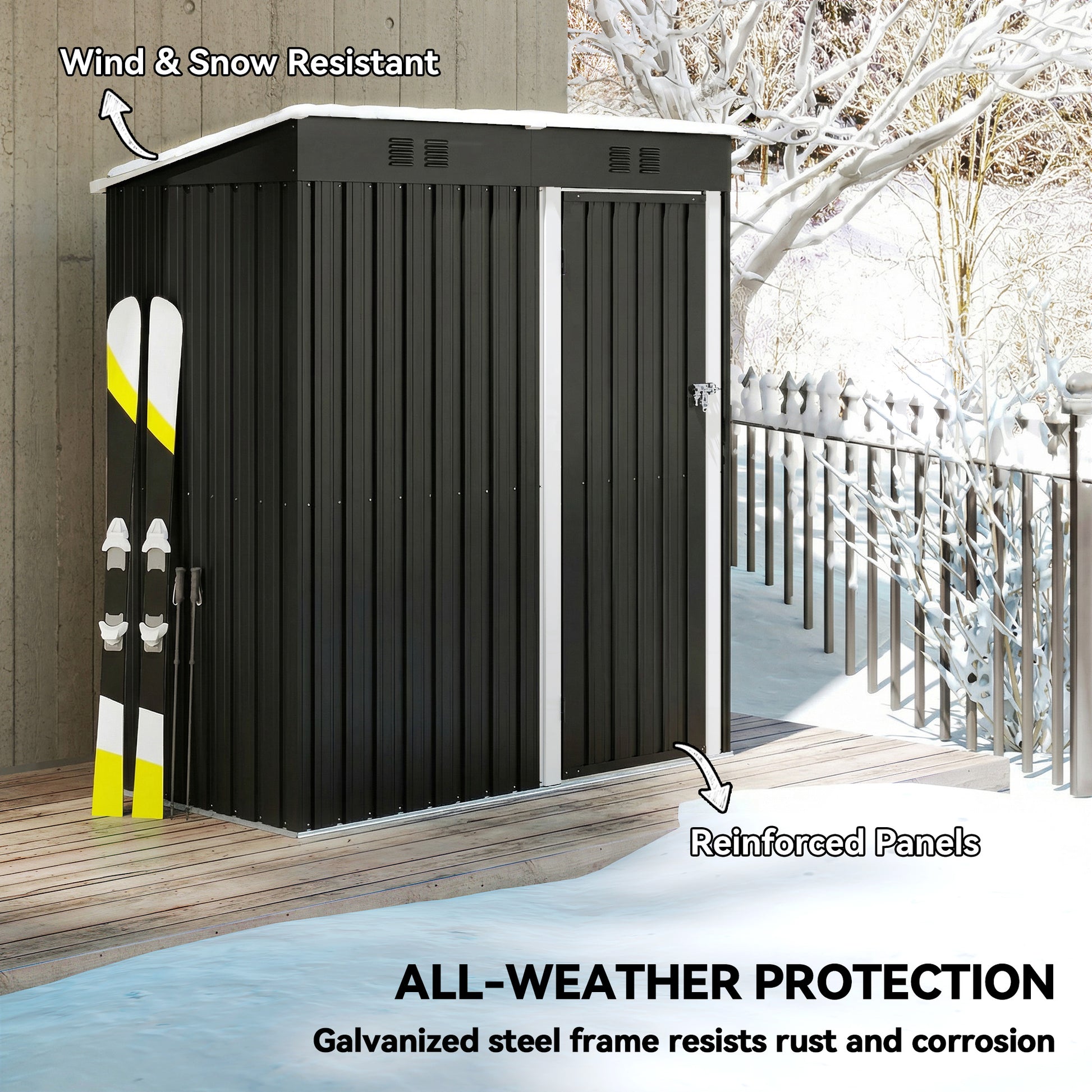 5 x 3 ft Outdoor Storage Shed - Dark Grey Galvanized Steel Metal-Patio & Garden > Lawn & Garden > Sheds-DECOROLALA