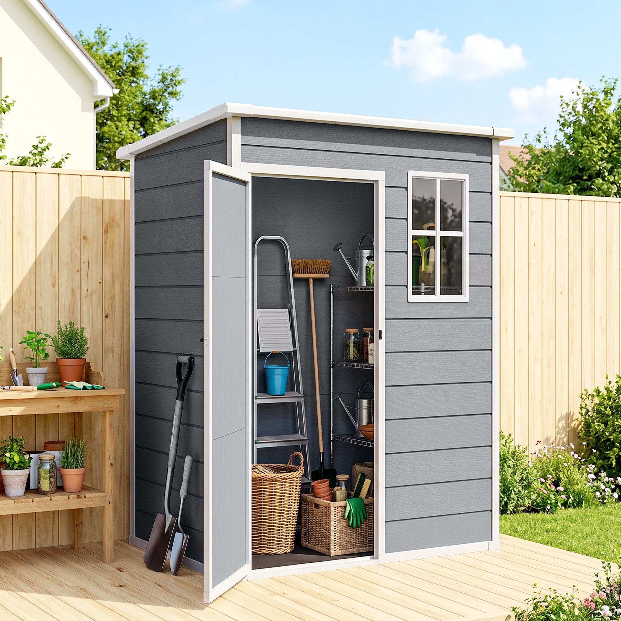 5 x 3FT Plastic Garden Storage Shed with Floor - Grey-Patio & Garden > Lawn & Garden > Sheds-DECOROLALA