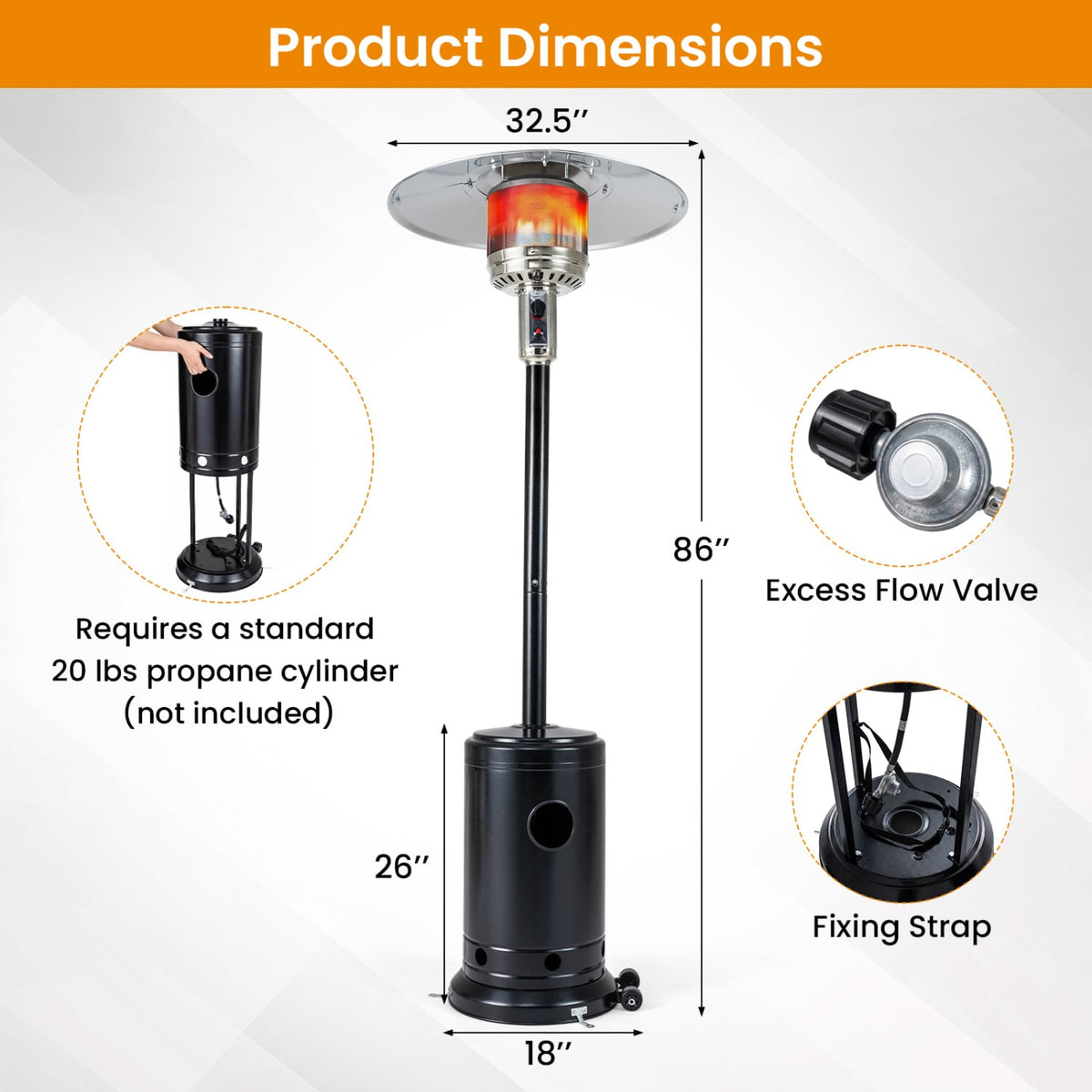 50 000 BTU Patio Propane Gas Heater with Stainless Steel Burner-Black-Patio Heaters-DECOROLALA