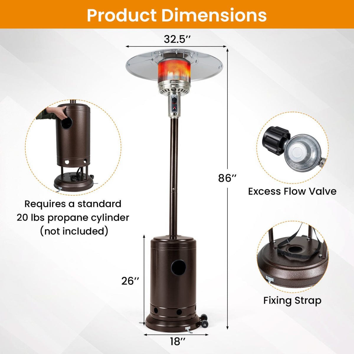 50 000 BTU Patio Propane Gas Heater with Stainless Steel Burner-Bronze-Patio Heaters-DECOROLALA