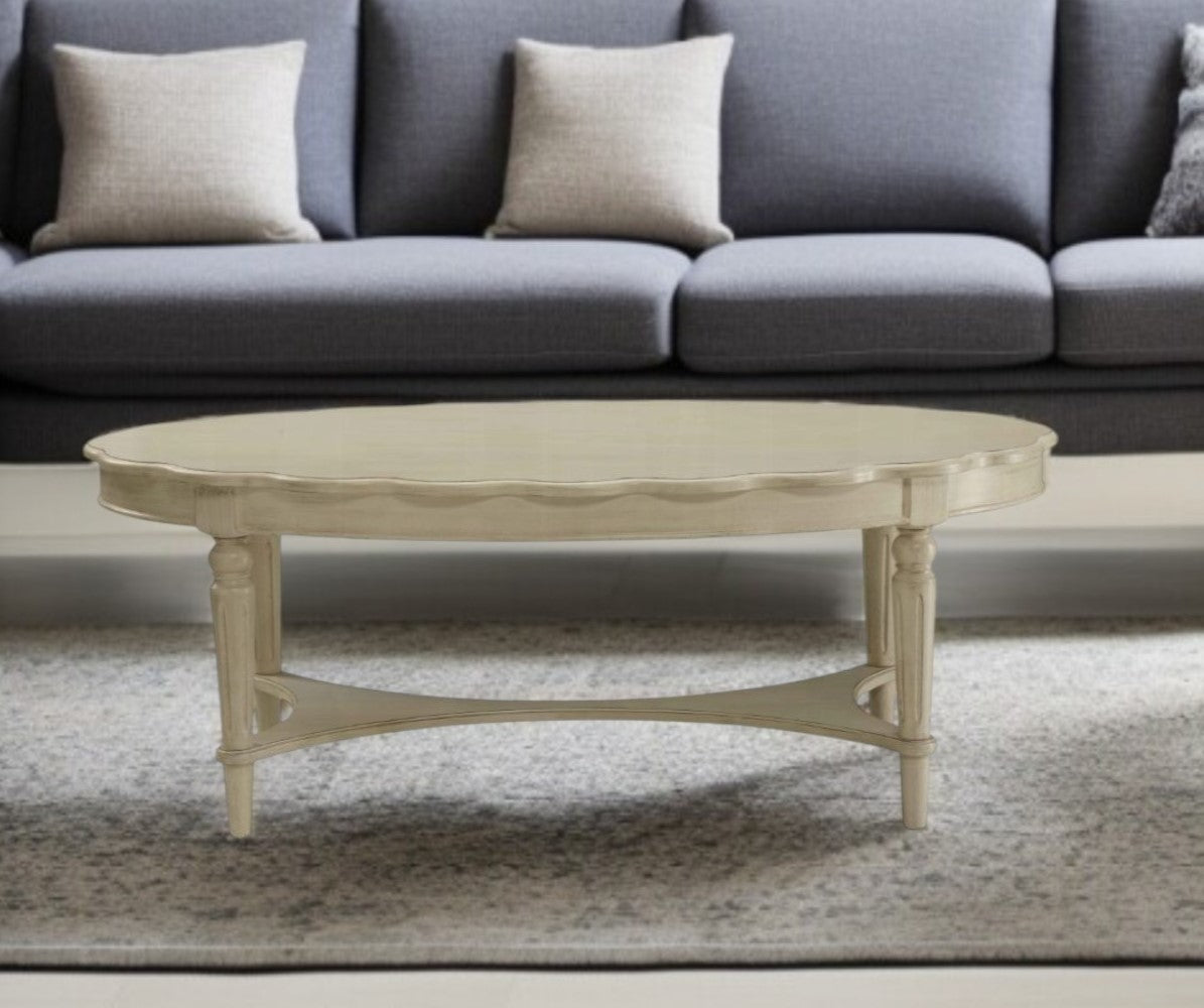 50" Antiqued White Solid Wood Oval Distressed Coffee Table-Coffee Tables-DECOROLALA